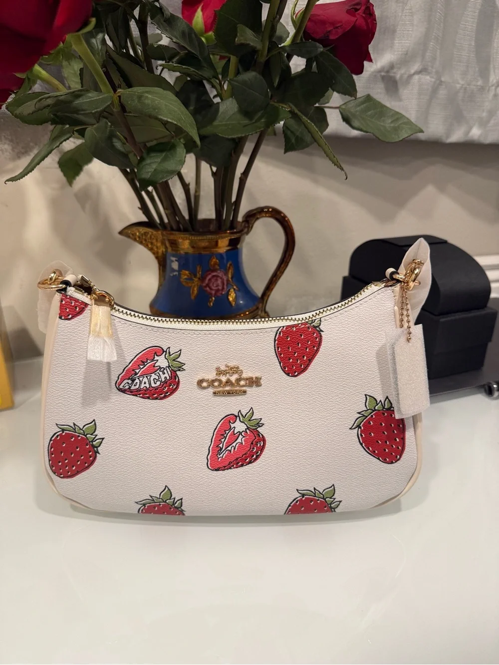 Coach White Leather Mini Shoulder Bag with Red Strawberry Print - Picture 1 of 5